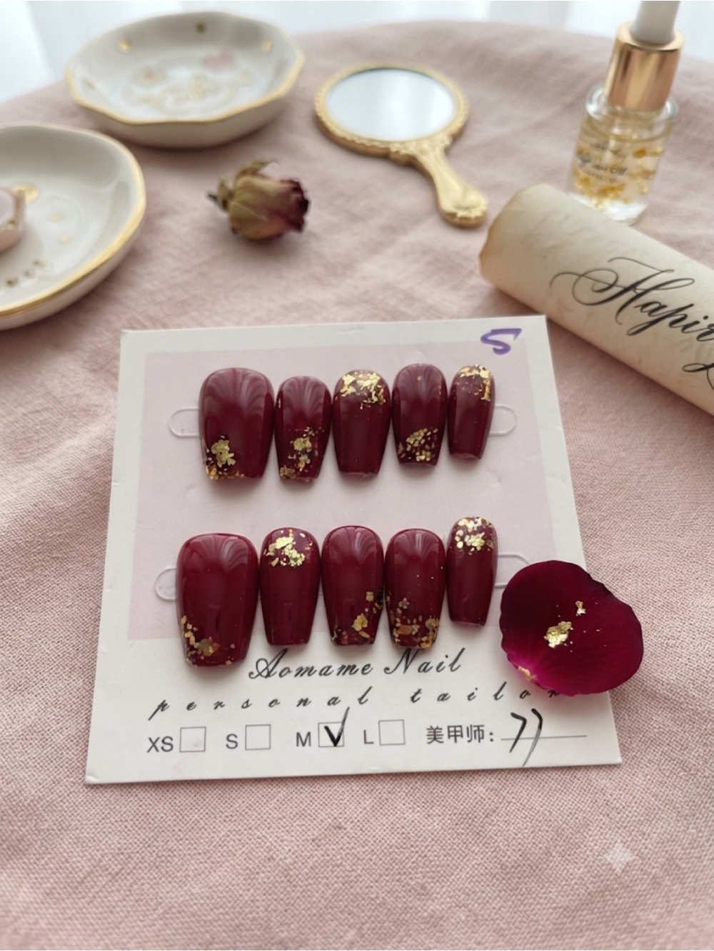 Elegant Burgundy Press-On Nails with Gold Flake - Set of 10